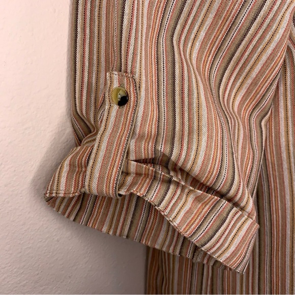 Vintage Large Blair Orange Striped Button Up Top Cuffed Short Sleeve Stretch - Picture 9 of 16